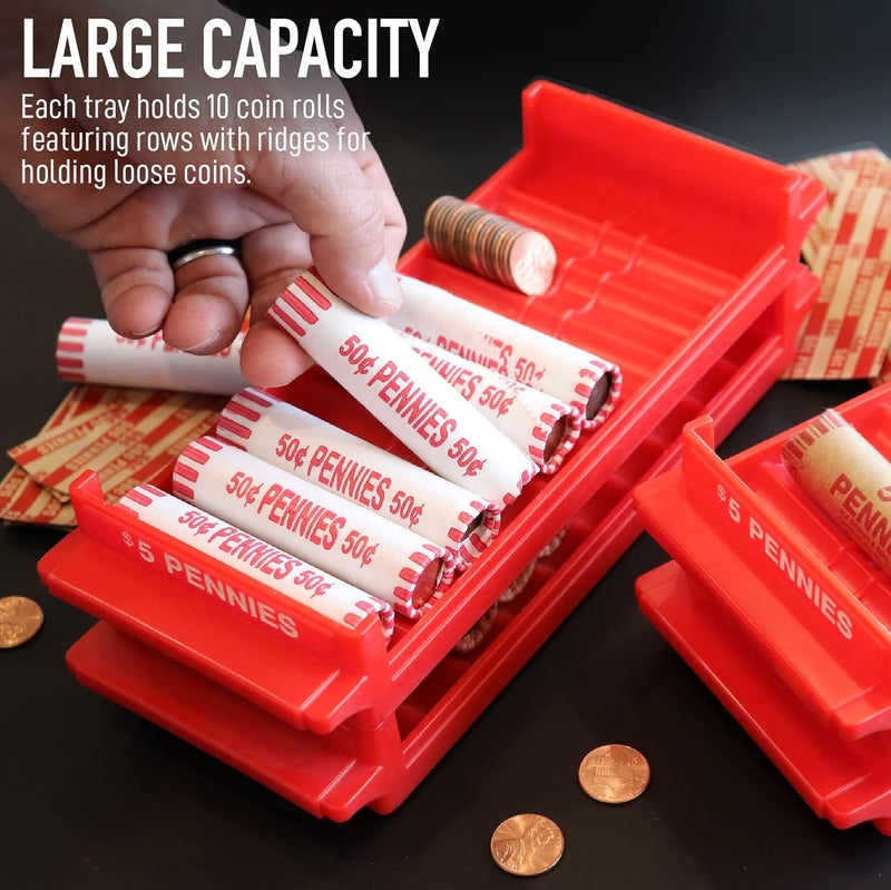 Nadex Heavy Duty Pennies Coin Trays with Wrappers - Holds Up to $5 in Pennies Per Tray – Stackable Organizer for Coin Rolls and Loose Change - for Retail, Business, Personal Use - 4 Penny Trays - Image 2